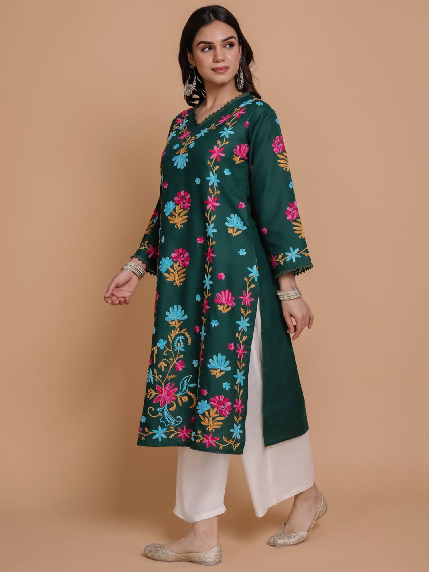House of Kari Falak Kashmiri Long Kurta  Green
