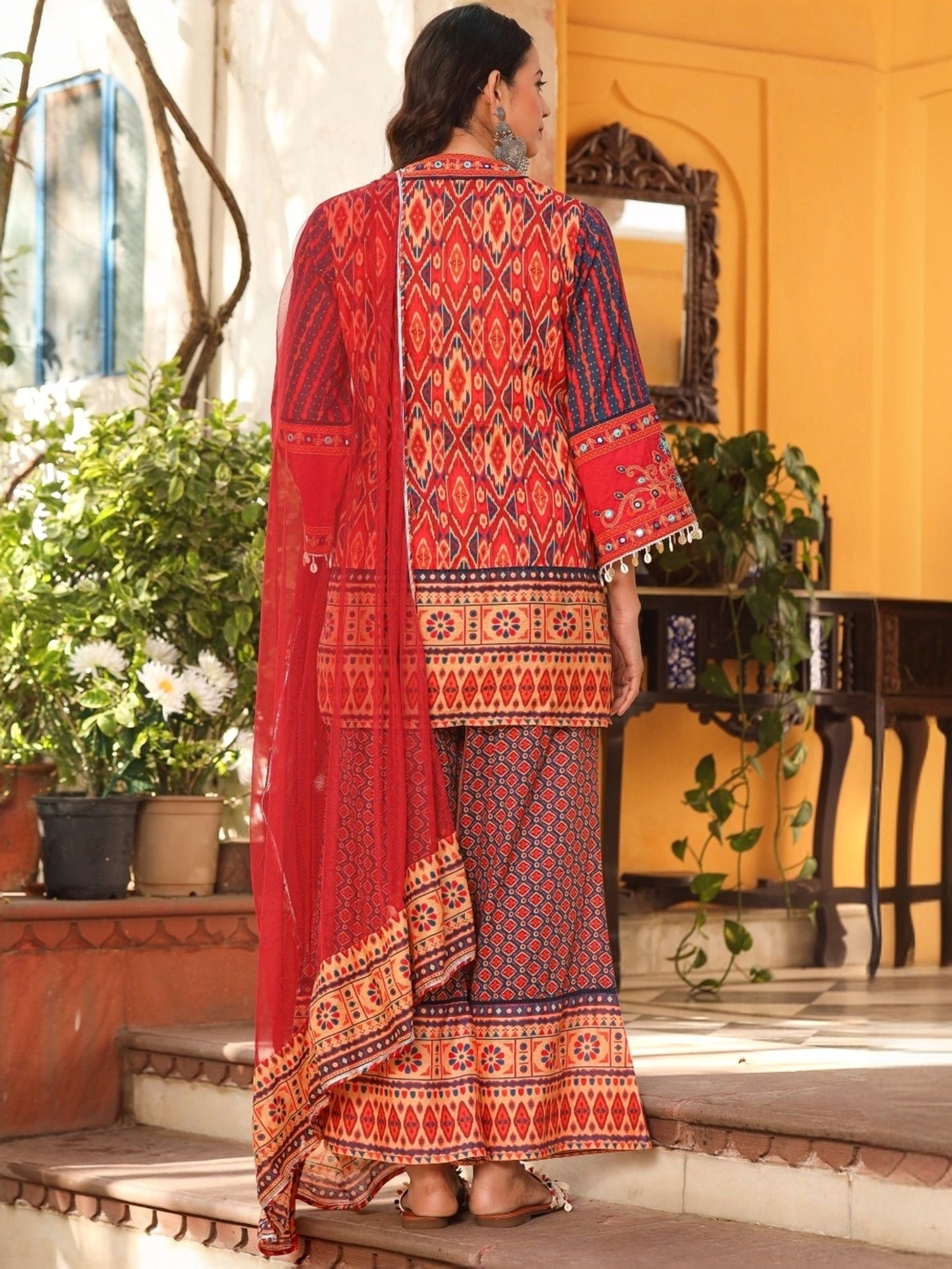 Juniper Red Cotton Printed Kurti Flared Pant Set With Dupatta