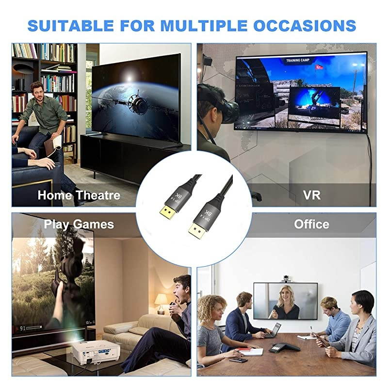 DisplayPort Cable Ultra HD 8K 4K Copper Cord DP 14 8K60Hz 4K144Hz High Speed 324Gbps HDCP 3D Slim and Flexible DP to DP Cable 1m 33ft