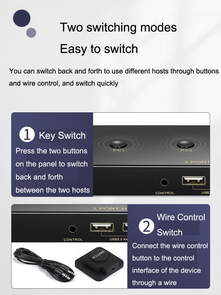 2 Ports  HDMI KVM Switch 4K*2K@60Hz 2 In 1 Out HDMI Supports Hotkey Switch Wire Control HDMI Monitor Keyboard &Mouse & Video USB 2.0 Devices Share