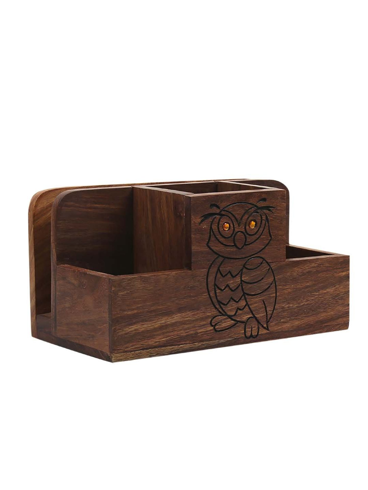 VarEesha Dark Brown Sheesham Wood Wise Owl Penstand - Set of 1