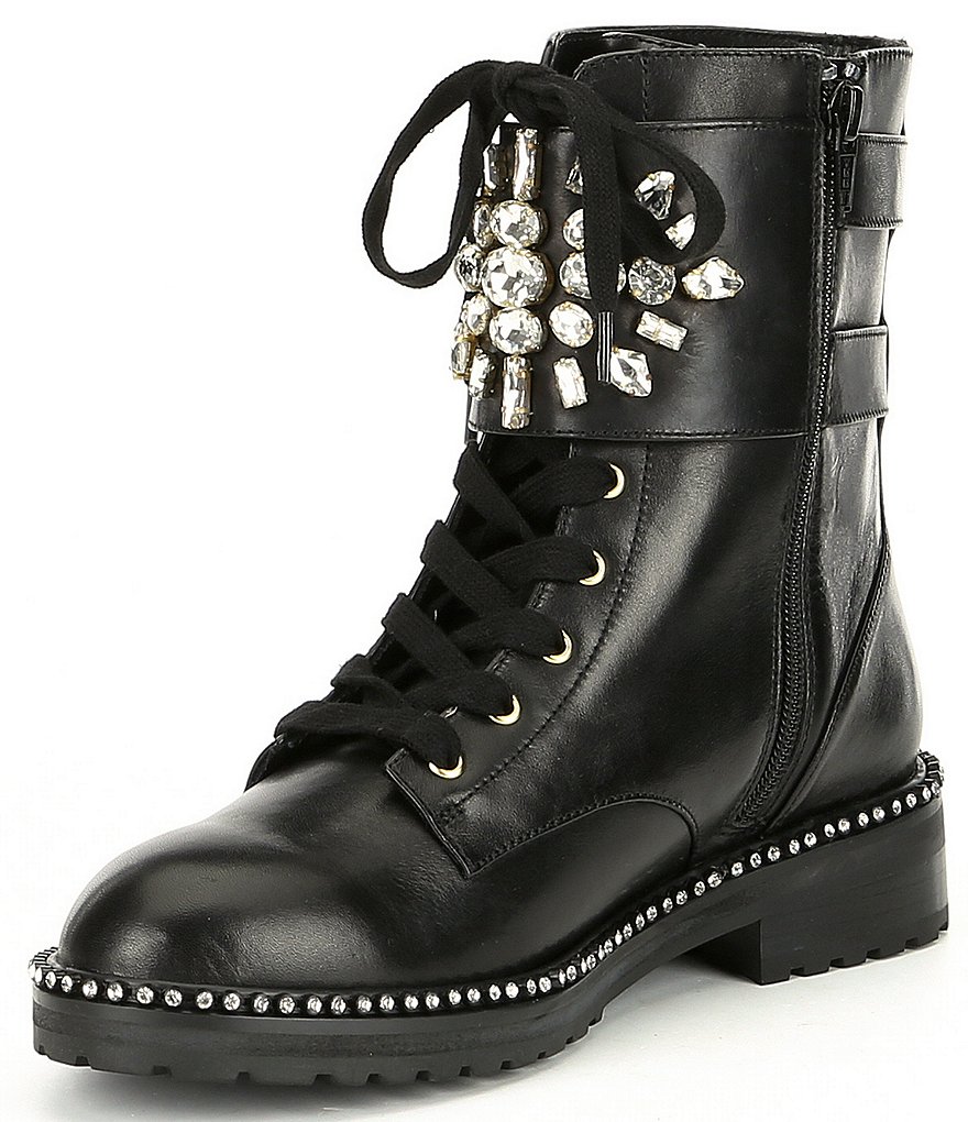 Kurt Geiger London Stoop Brooch & Buckle Embellished Leather Combat Boots