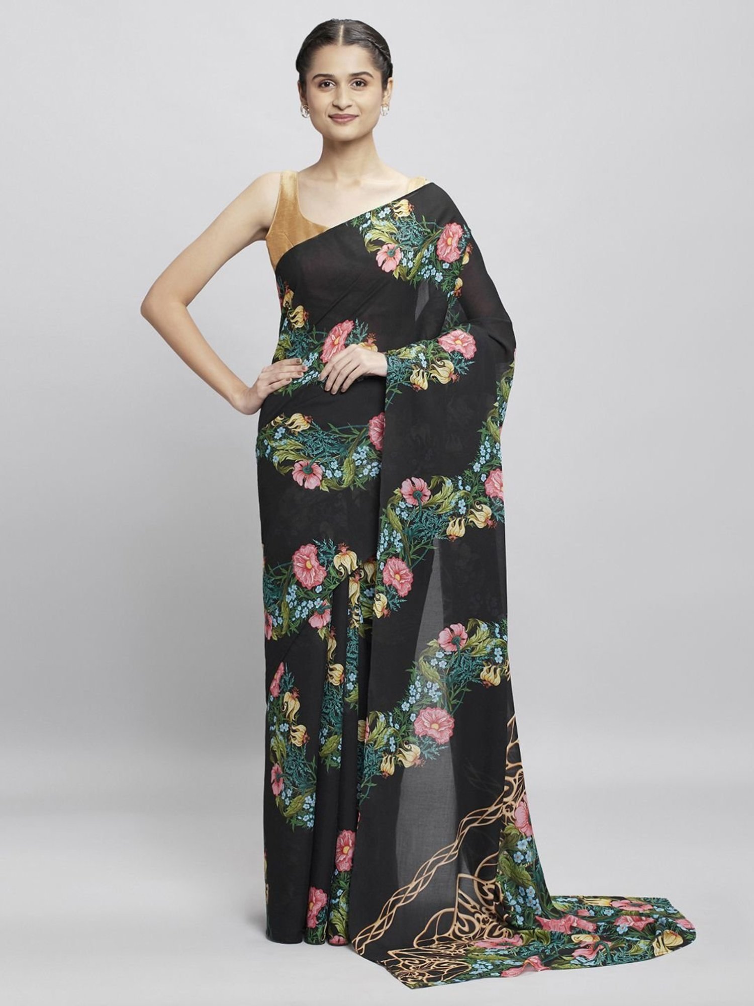 navyasa by liva Black Floral Print Saree With Unstitched Blouse