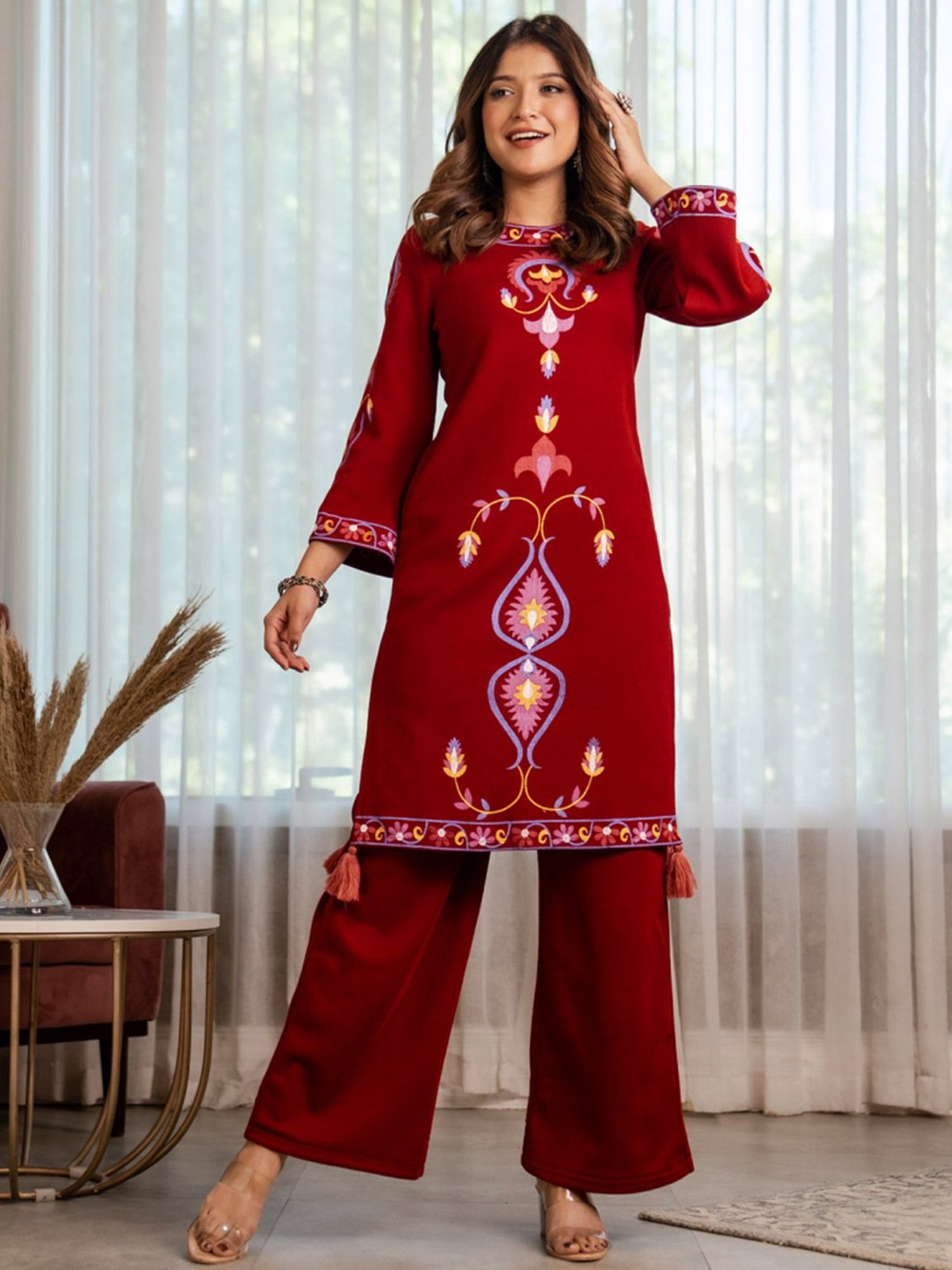 Rustorange Maroon Printed Straight Kurta