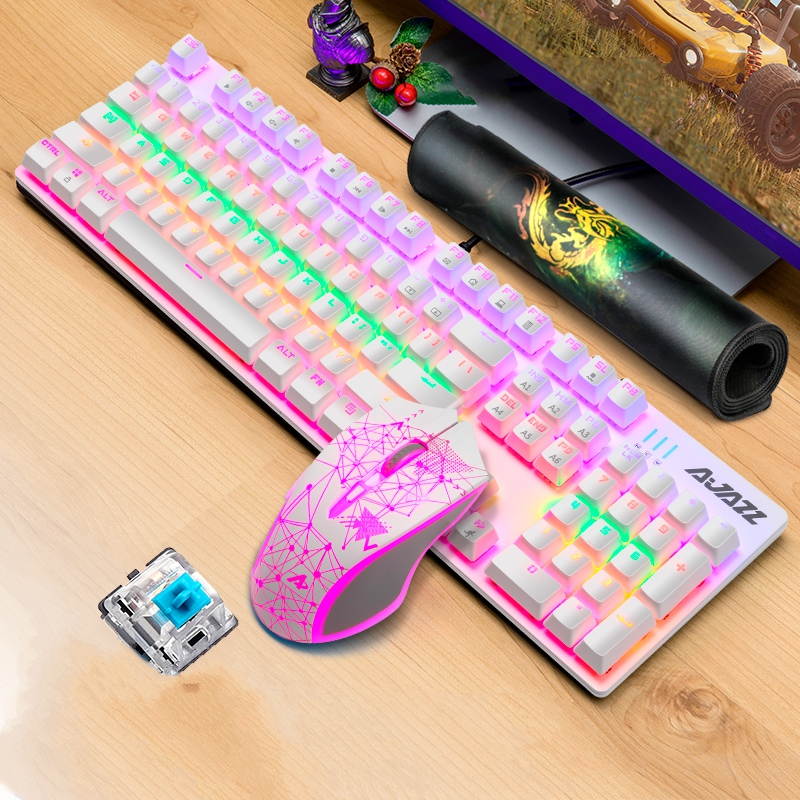 Ajazz AJ119  26 Anti-ghosting Keys, Ergonomic Design, Cool Exterior USB Wired Black Mechanical Green Color Backlit LED Keyboard And 2400DPI  Mouse Combo For Office And Game-Black