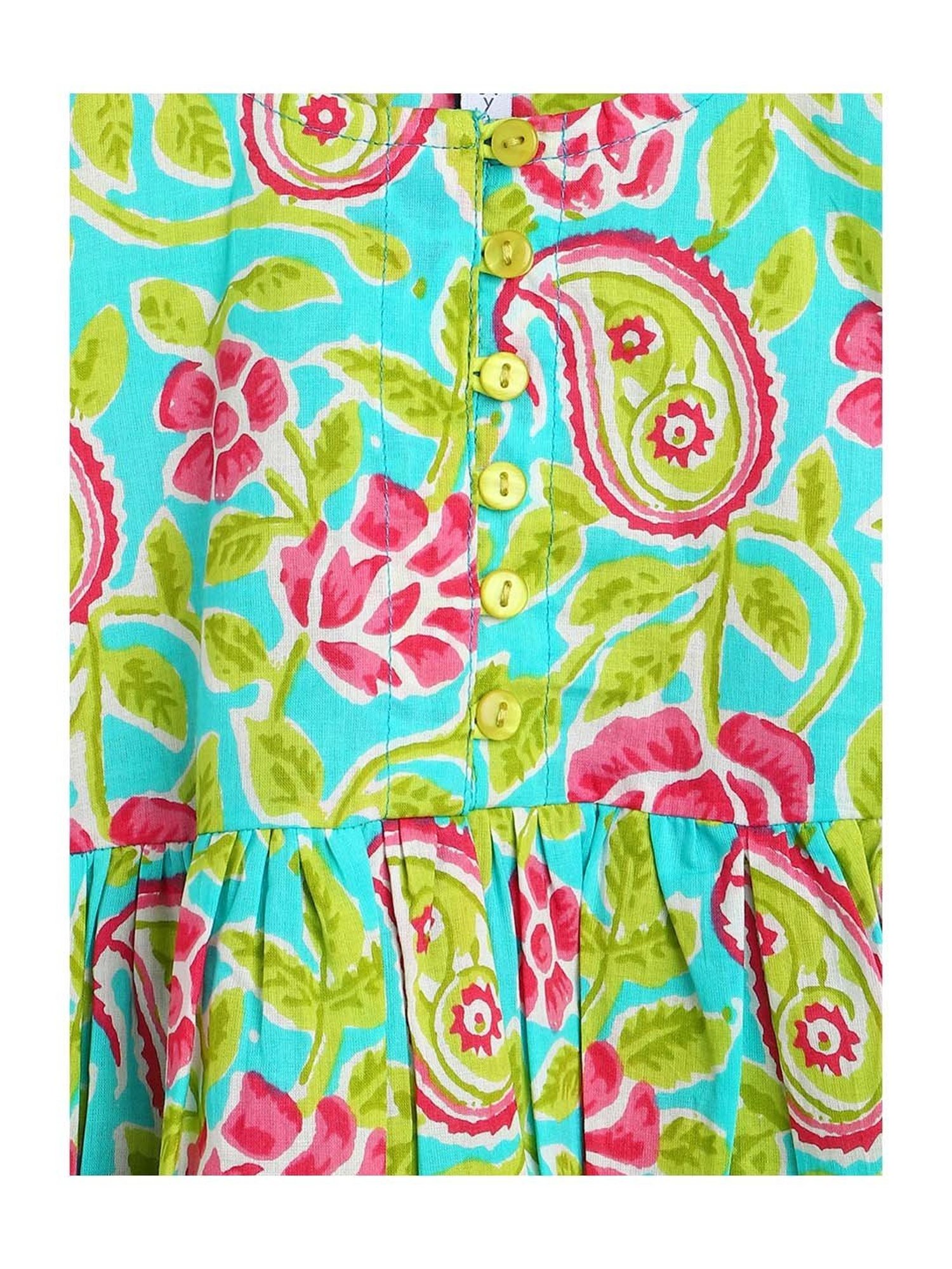 Campana Kids Blue & Green Cotton Floral Print Kurta Set