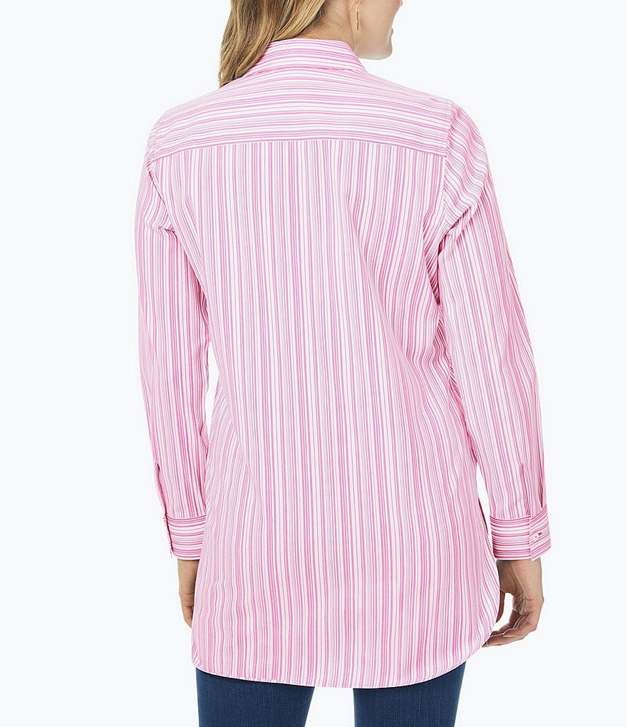 Foxcroft Plus Size Vera Point Collar Neck Long Sleeve Striped Shirt