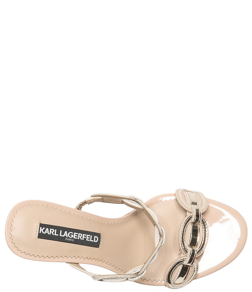 KARL LAGERFELD PARIS Dalya Patent Metallic Chain Detail Dress Slide Sandals