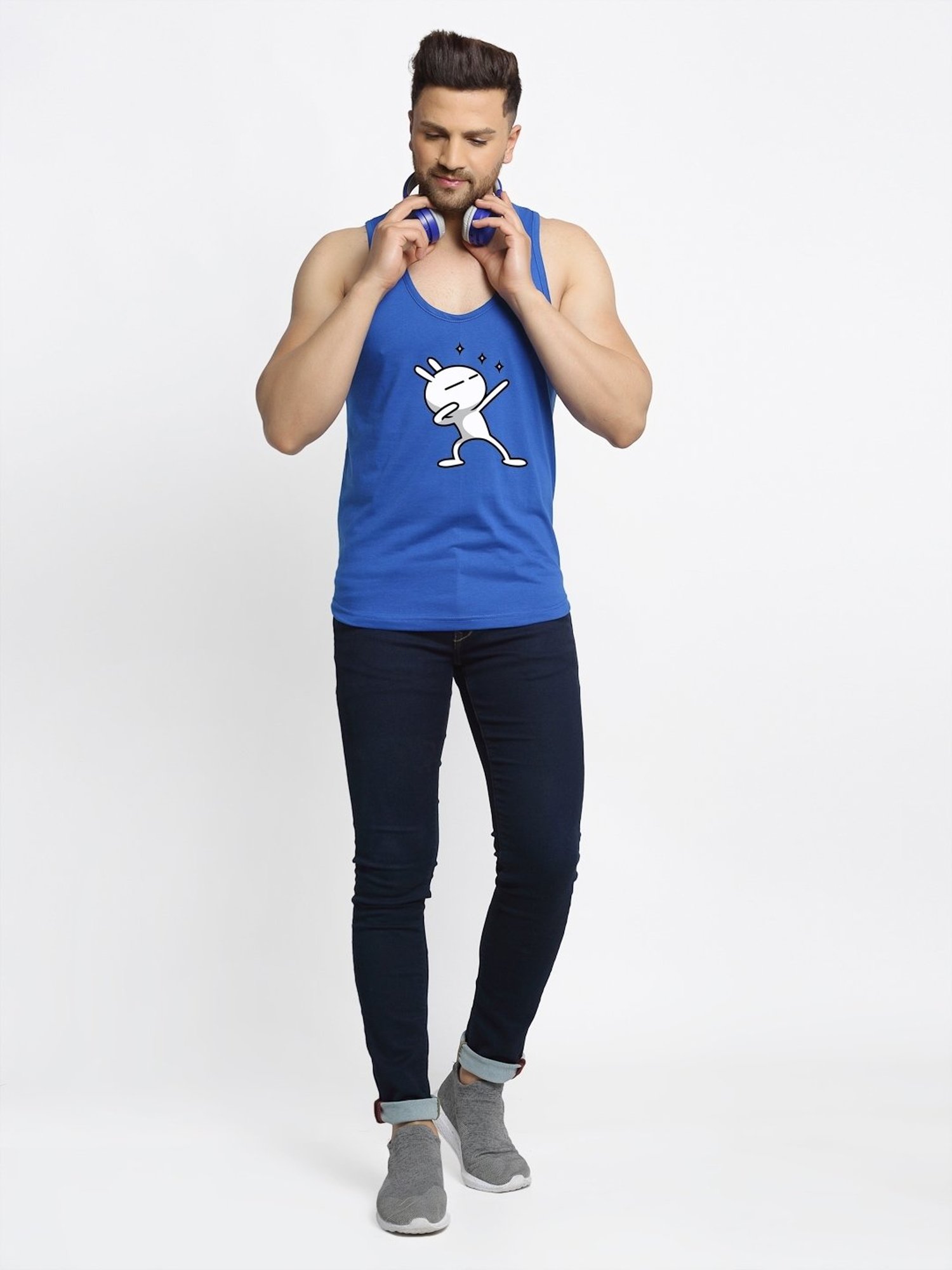 Friskers Blue Cotton Slim Fit Printed Gym Vest