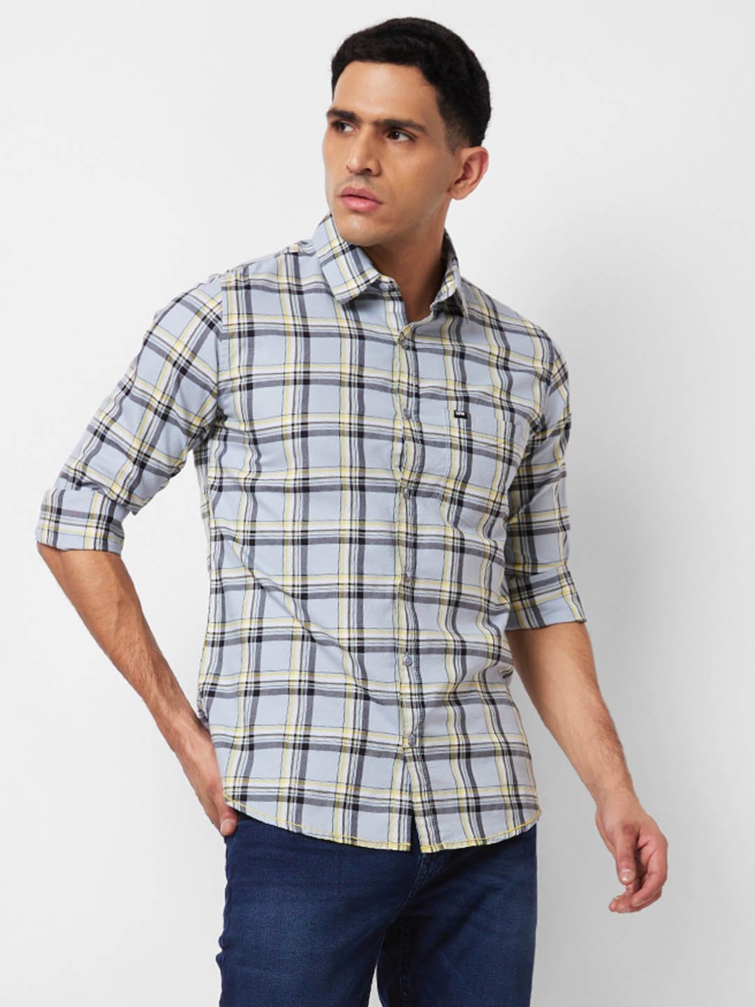Spykar Grey Cotton Slim Fit Checks Shirt