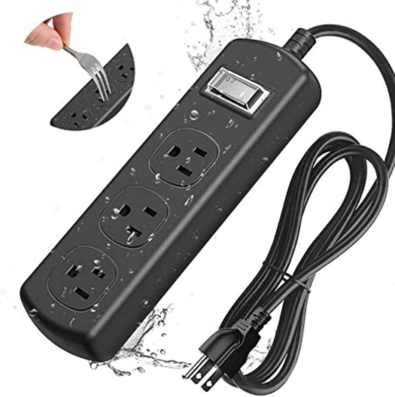 Outdoor Waterproof Power Strip, 6ft Long Extension Cord Surge Protector(1500 Joules),3-Outlets Electric Shockproof Charging Station for Outside Deck Yard Lighting, Wall Mount Outlet Strip,Black