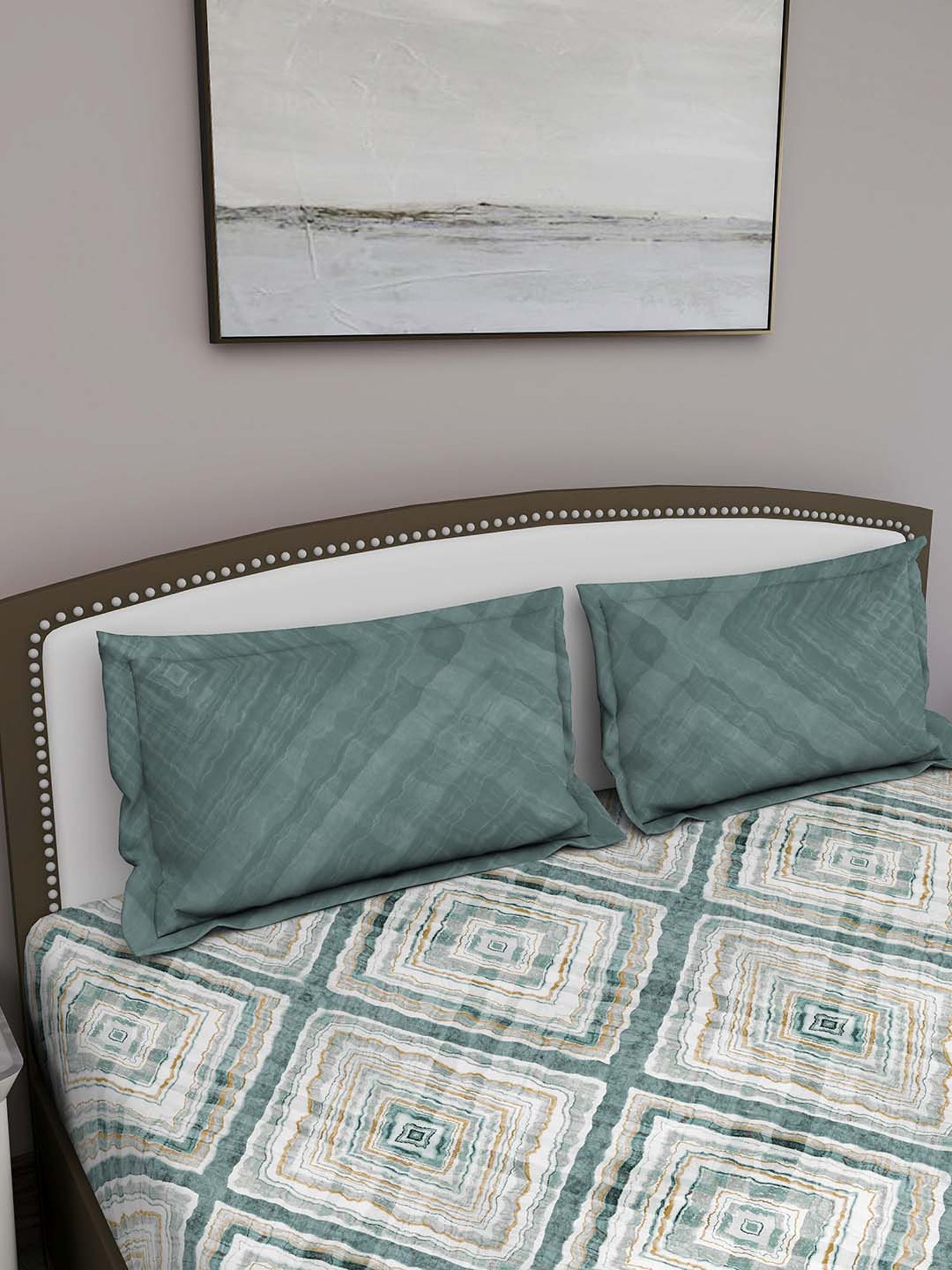 GM Green & Beige 100% Cotton 210 TC King Bedsheet Set