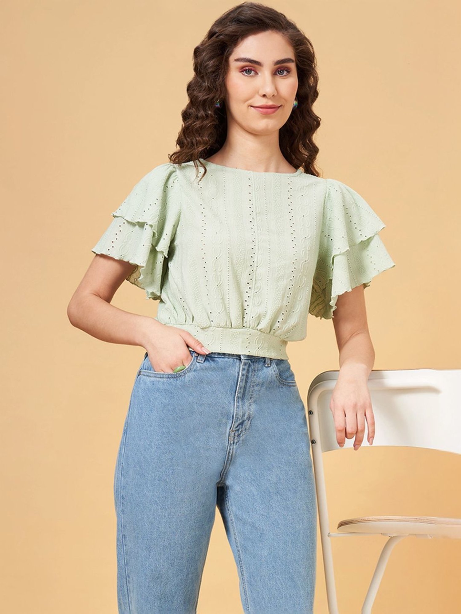 People by Pantaloons Green Self Pattern Crop Top