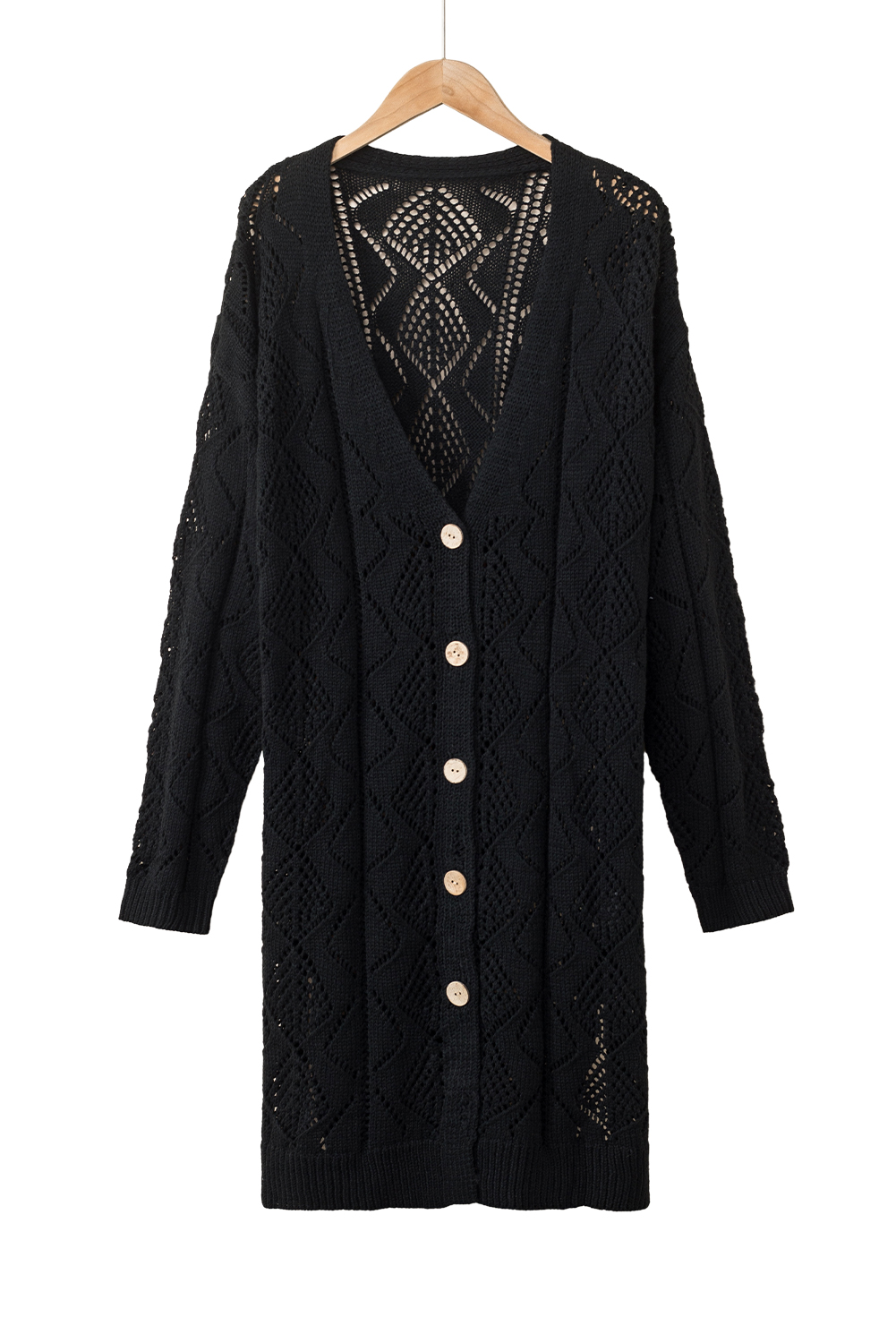Black Button Up Hollow Out Loose Long Cardigan