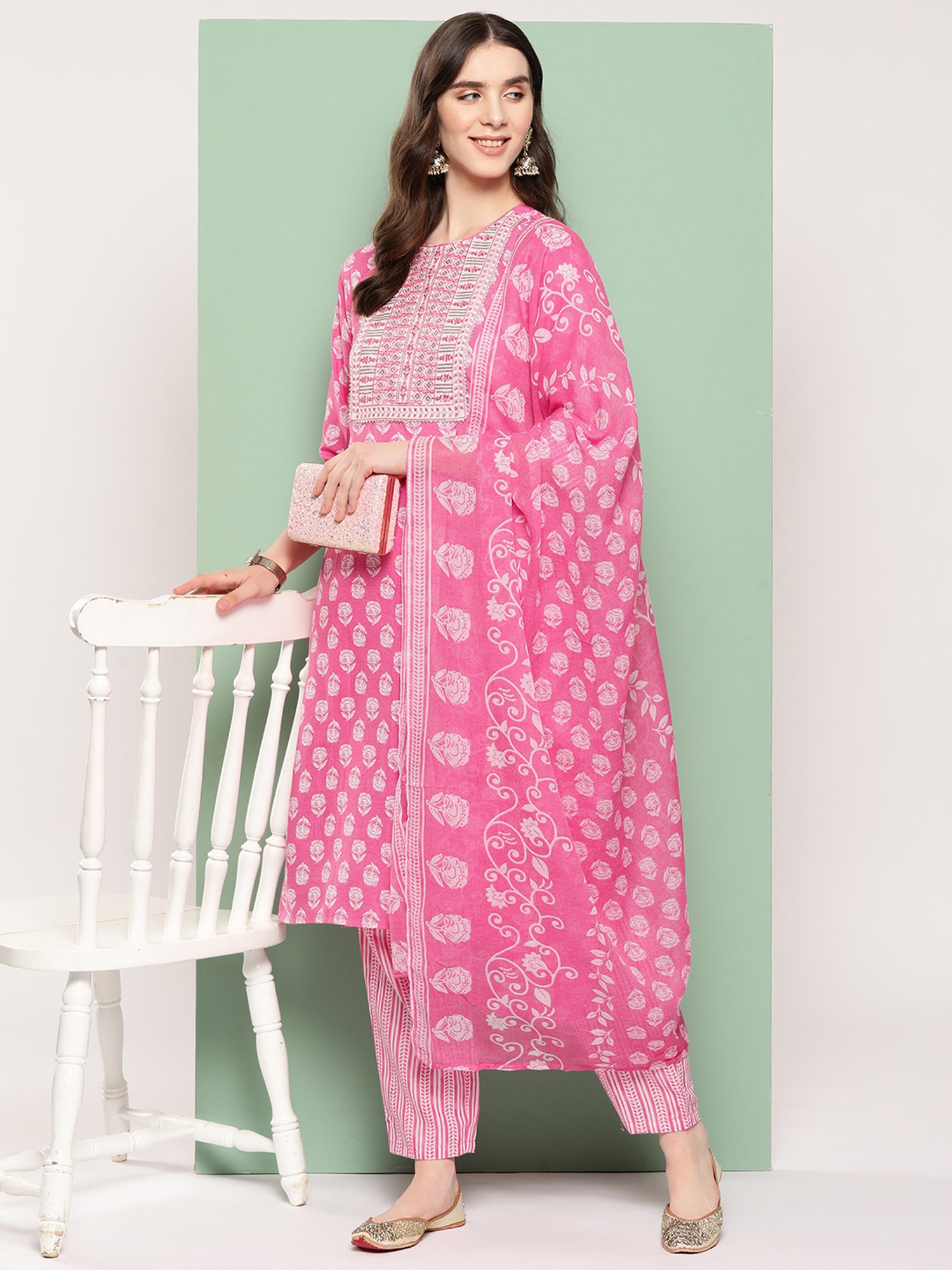 Indo Era Pink Printed Kurta With Pant & Dupatta