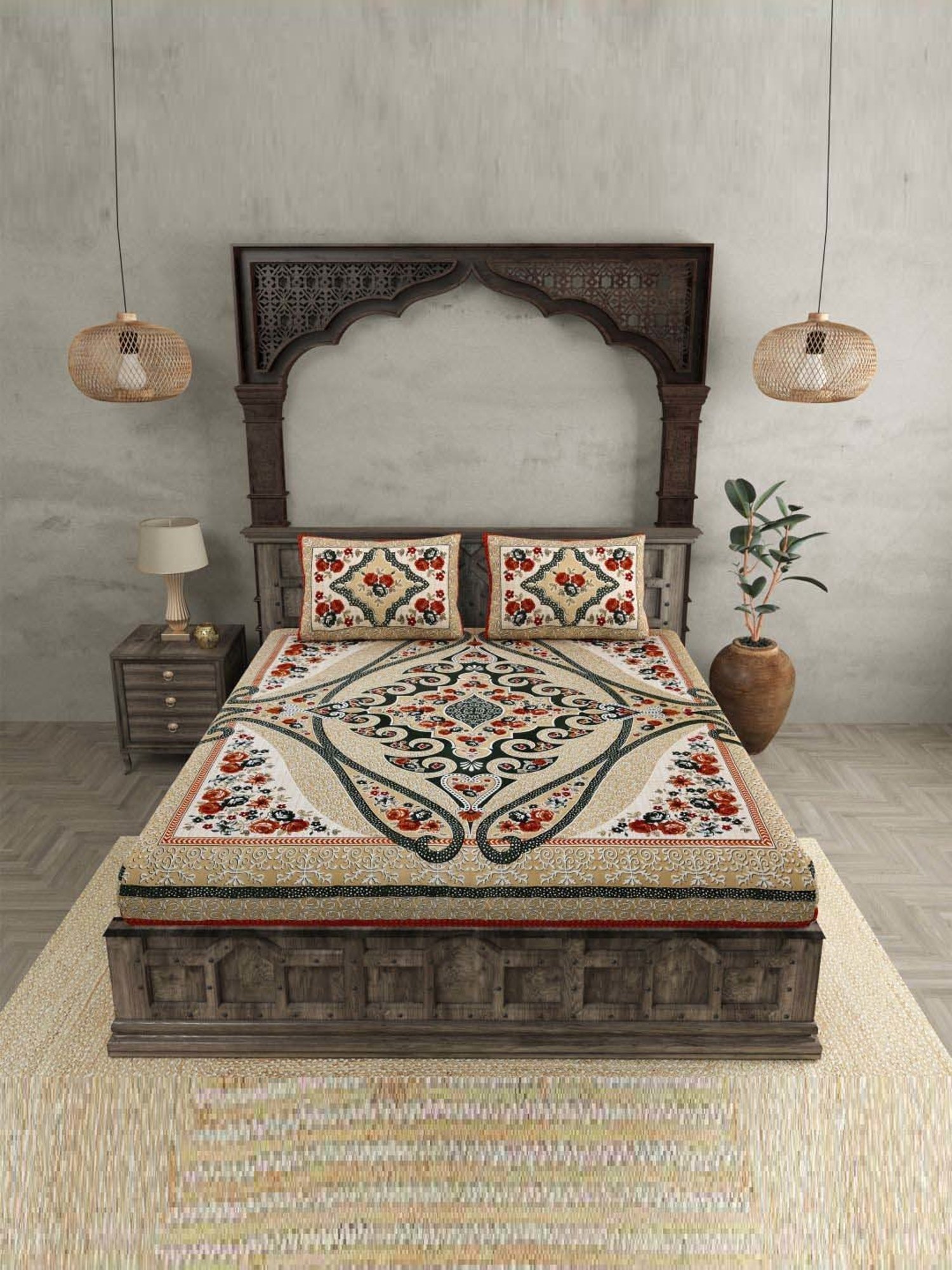 JaipurFabric Brown & Green 240 TC 100% Cotton Fresh Delight Double Bedsheet with 2 Pillow Covers