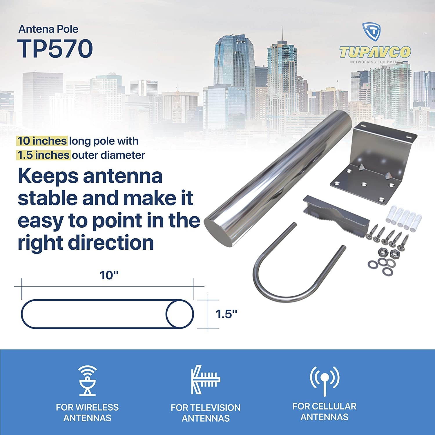 Antenna Pole Mount for Wifi, TV or LTE/4G Antennas (Yagi, Panel, Grid or Omni) Length 10 inch - 1.5" Mast Diameter (Outdoor and Weatherproof) Roof/Wall/Attic Mounting Hardware Included - Tupavco TP570