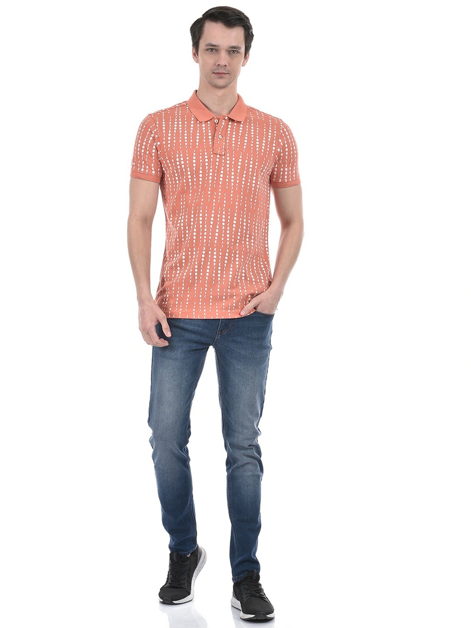 Numero Uno Dusty Orange Cotton Slim Fit Printed Polo T-Shirt