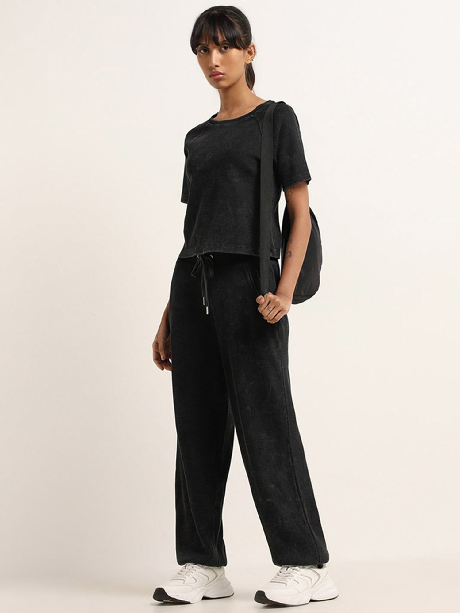 Studiofit by Westside Black Waffle Textured High-Rise Cotton Track Pant