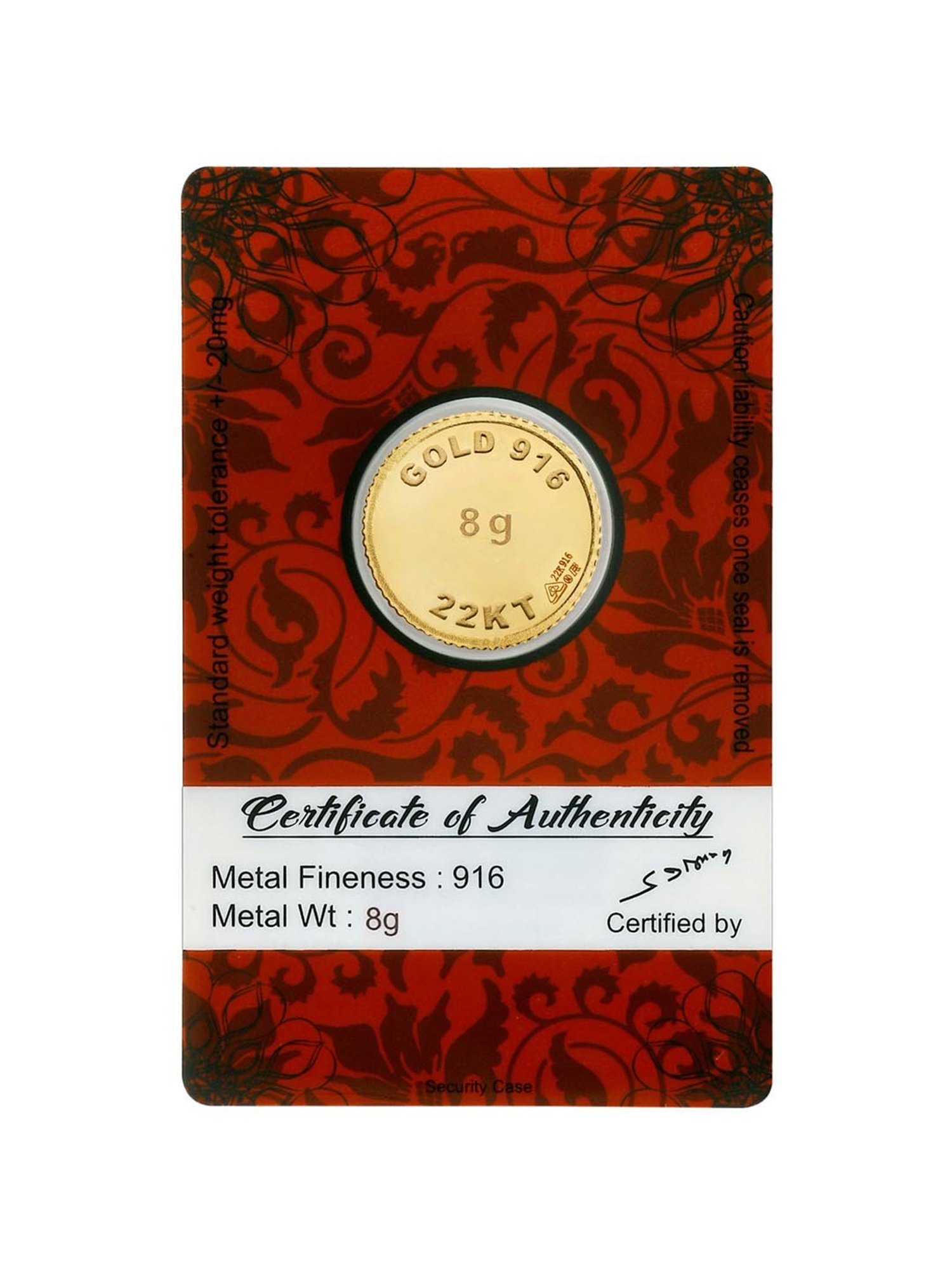 Bangalore Refinery Goddess Lakshmi 22k (916) 8gm Gold Coin