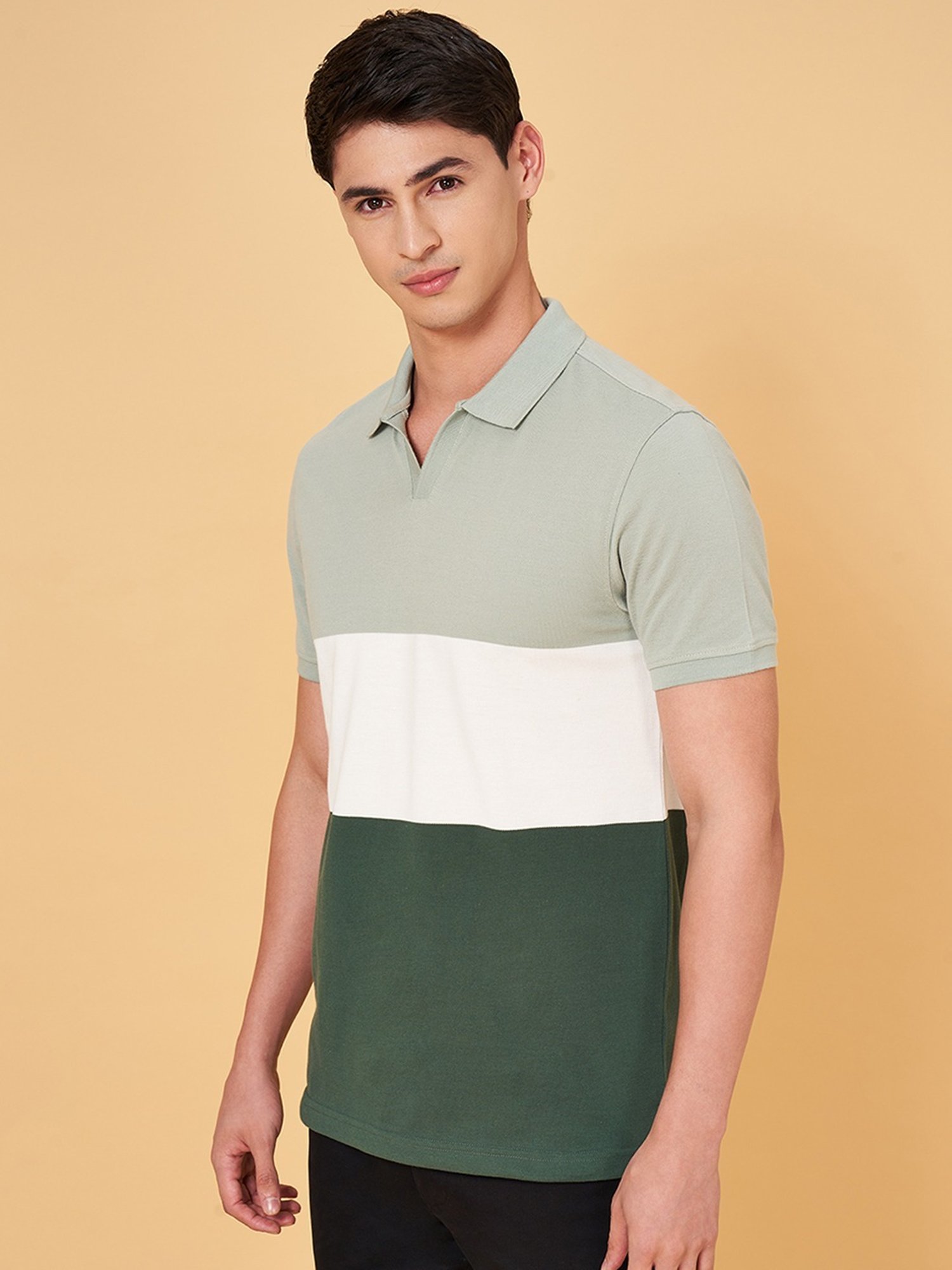 Byford By Pantaloons Light Green Slim Fit Colour Block Polo T-Shirt