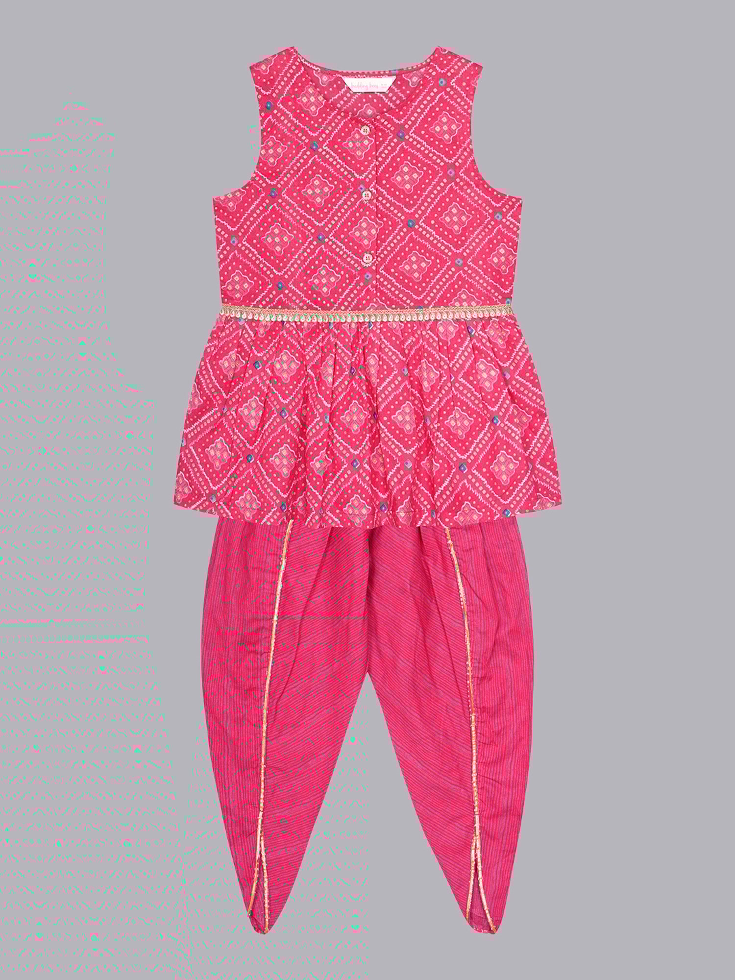 Budding Bees Girls Pink & White Printed Top with Dhoti