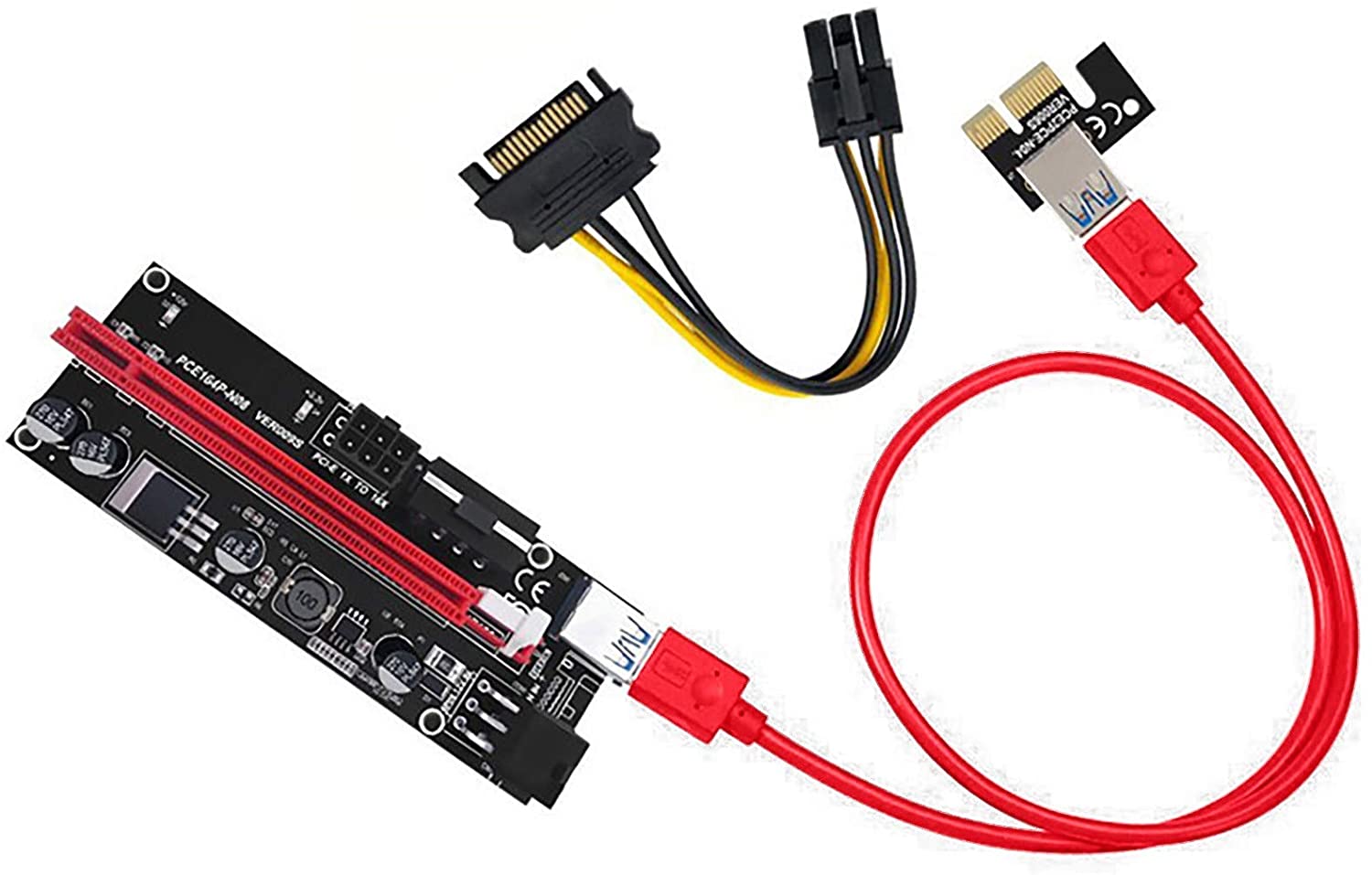 PCI-E Riser Extender Riser Card Adapter USB3.0 1x to 16x S-ATA 4 Pin Power Cable PCI-E Expre Dedicated PCIE Extension Cable Adapter Card for GPU Mining 4 Solid Capacitors (Red)