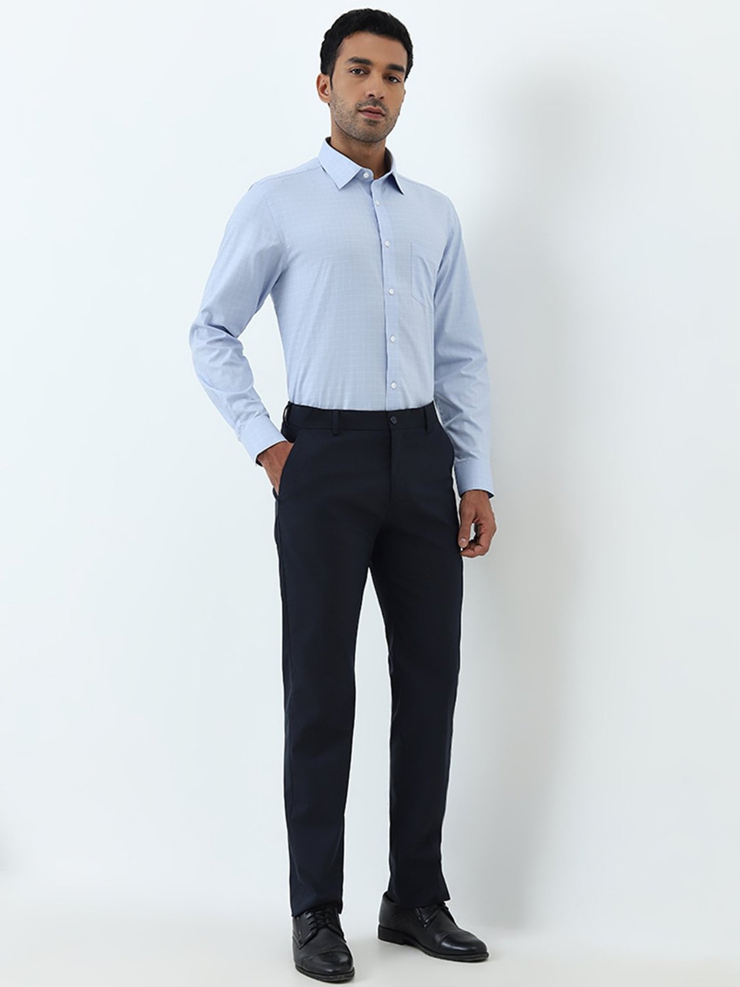 WES Formals by Westside Blue Checkered Slim-Fit Cotton Shirt