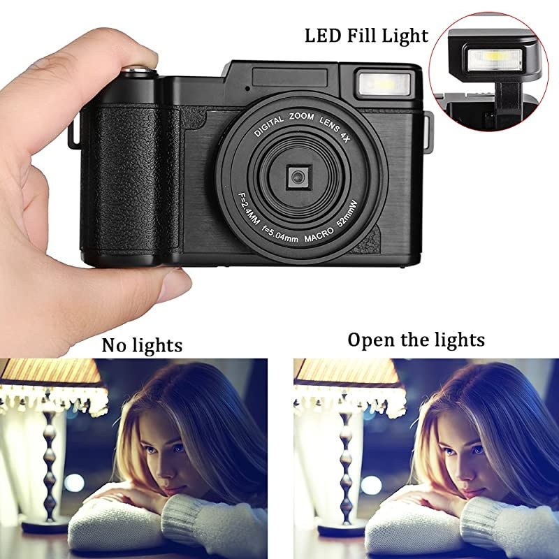 Digital Camera Camcorder,  Full HD 1080P 24.0MP Video Camera 3.0 Inch Flip Screen Vlogging Camera Camcorder with Retractable Flashlight for YouTube (Two Batteries Included)