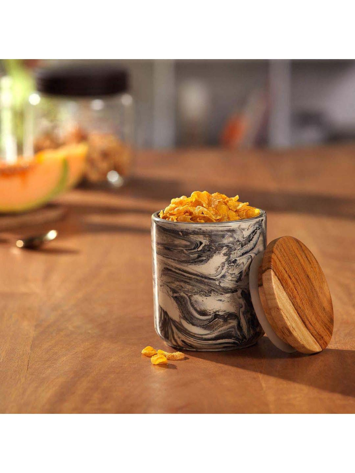 ellementry Carbon Black Ceramic Container with Lid (450 ml) - Set of 1