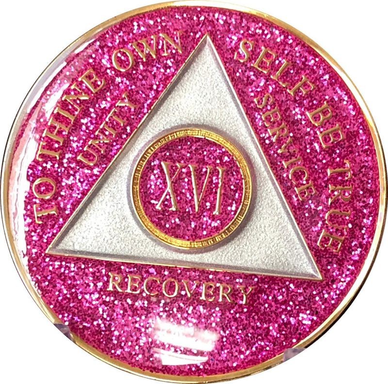 16 Year AA Medallion Glitter Pink Tri-Plate Chip XVI