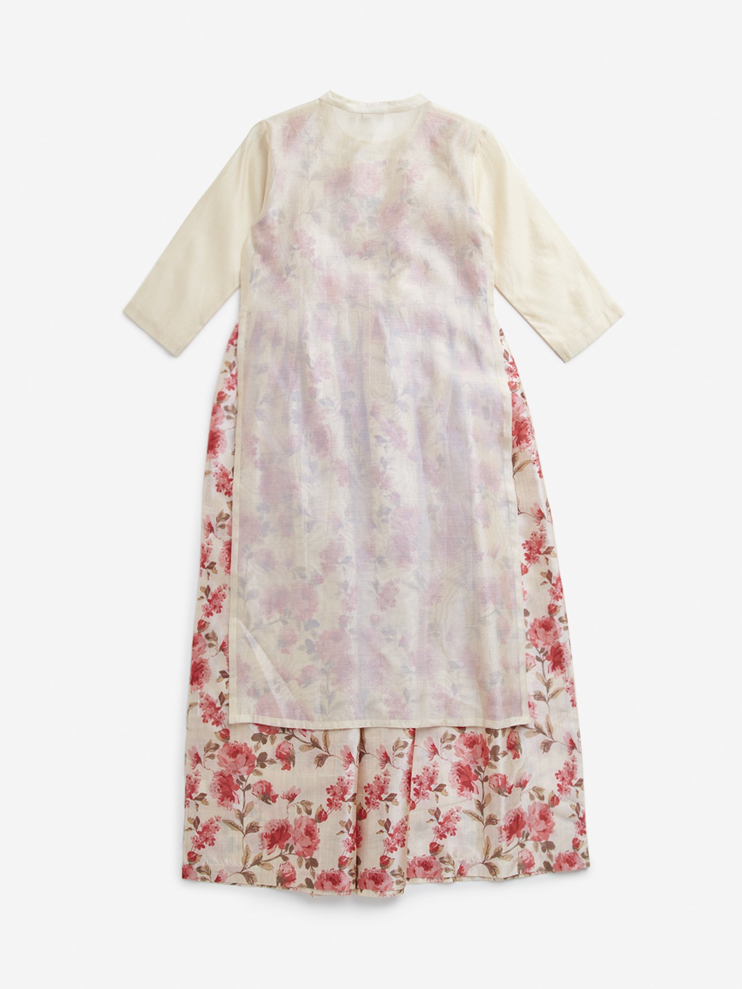 Utsa Kids by Westside Ivory Floral Embroidery Straight Kurta with Inner