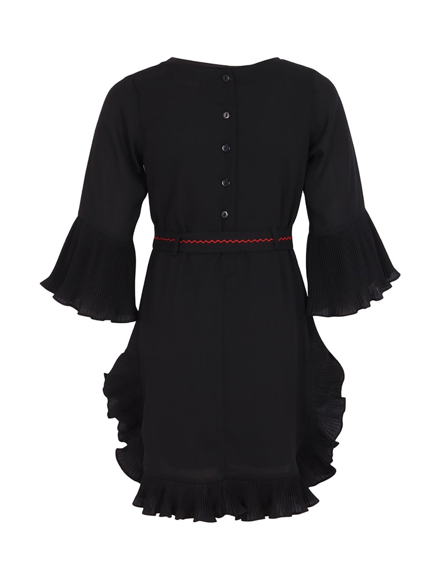 Cutecumber Kids Black Embroidred Dress With Ribbon Belt