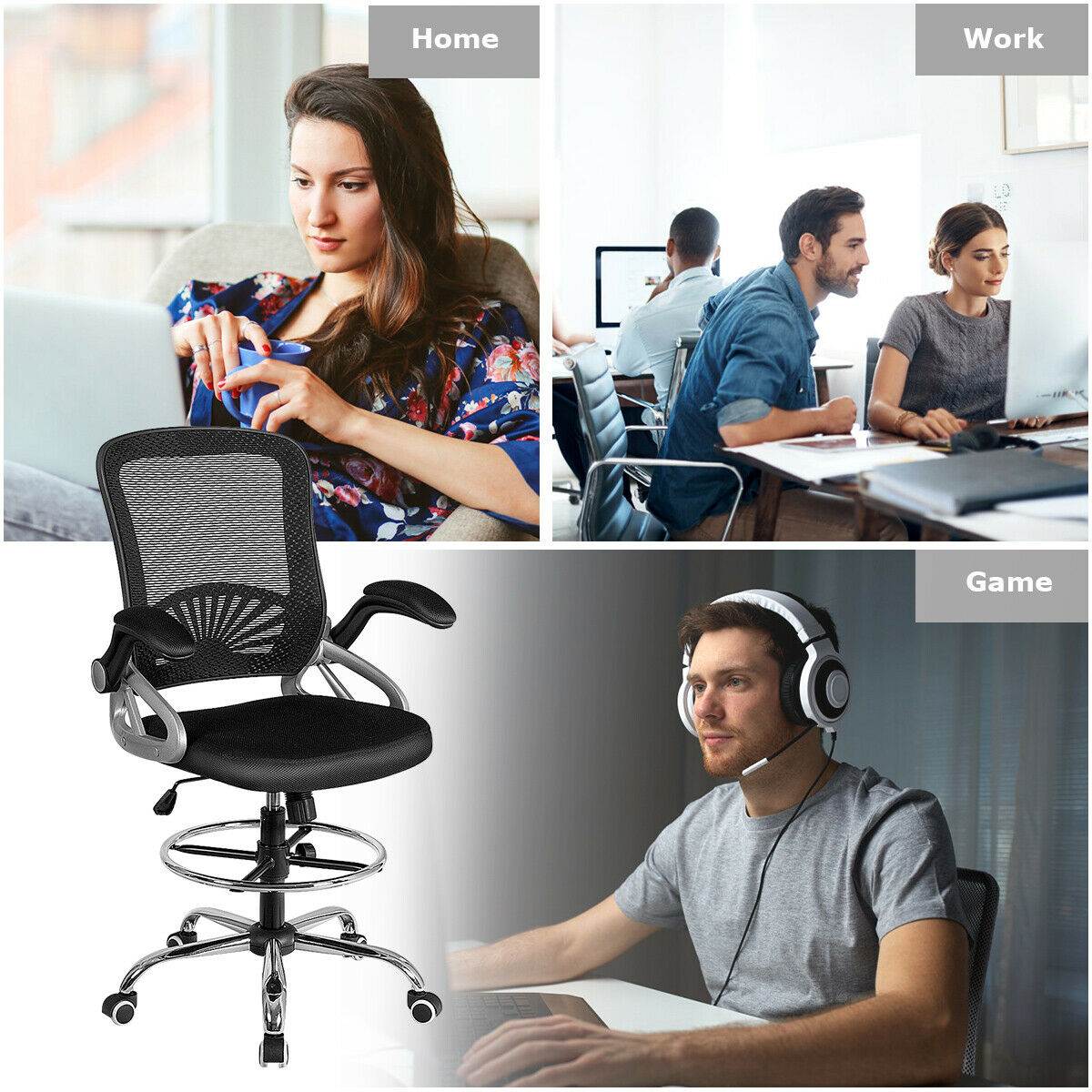 Mesh Drafting Chair Mid Back Office Chair Adjustable Height Flip-Up Arm Black