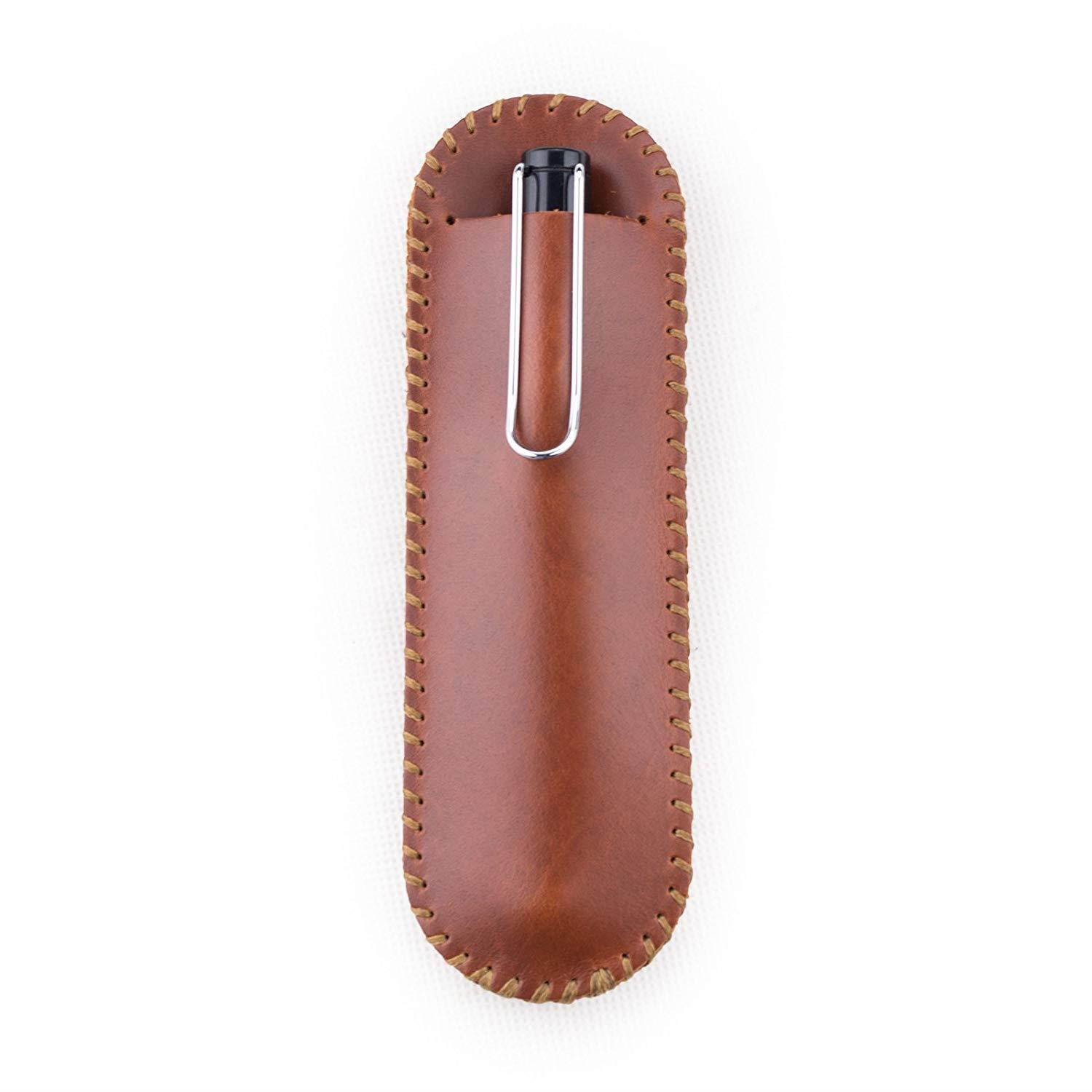 Ancicraft Genuine Leather Pen Sleeve Case Holder Pouch Handmade (For Single or Double Pens, Red Brown)
