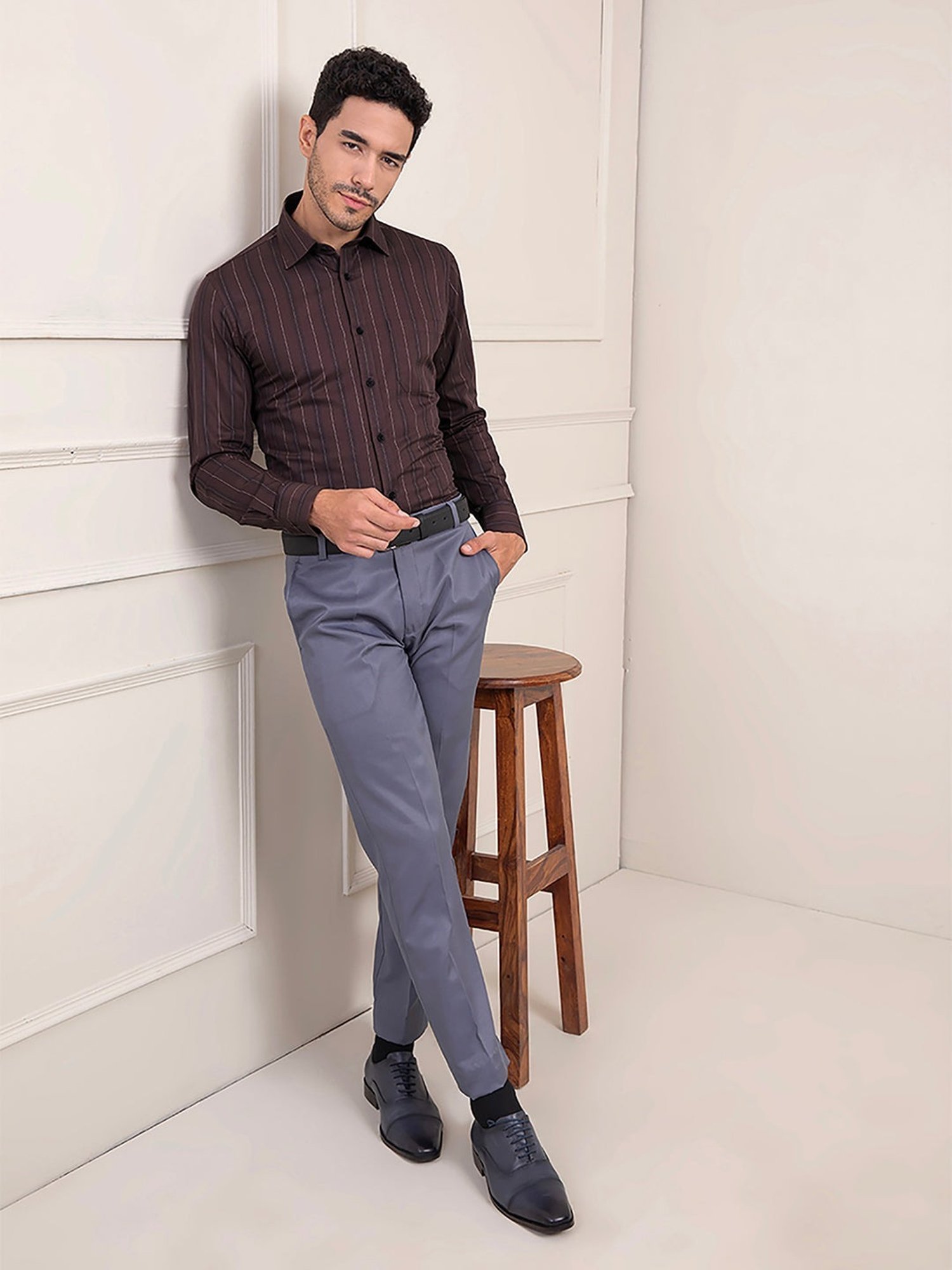 Louis Stitch Brown Cotton Regular Fit Striped Shirt