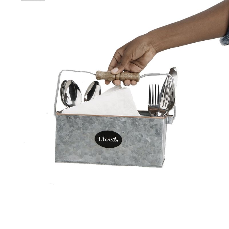 Mind Reader Wood & Galvanized Utensils Caddy, 3 Section Flatware Organizer, Silver