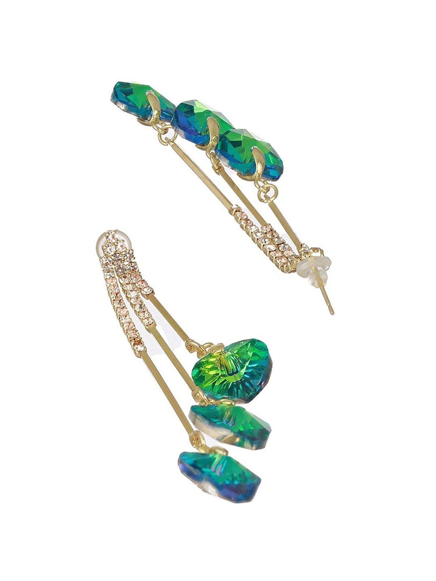 Prita by Priyaasi Green Triple Heart Tassel Studded Gold-Plated Dangler Earrings