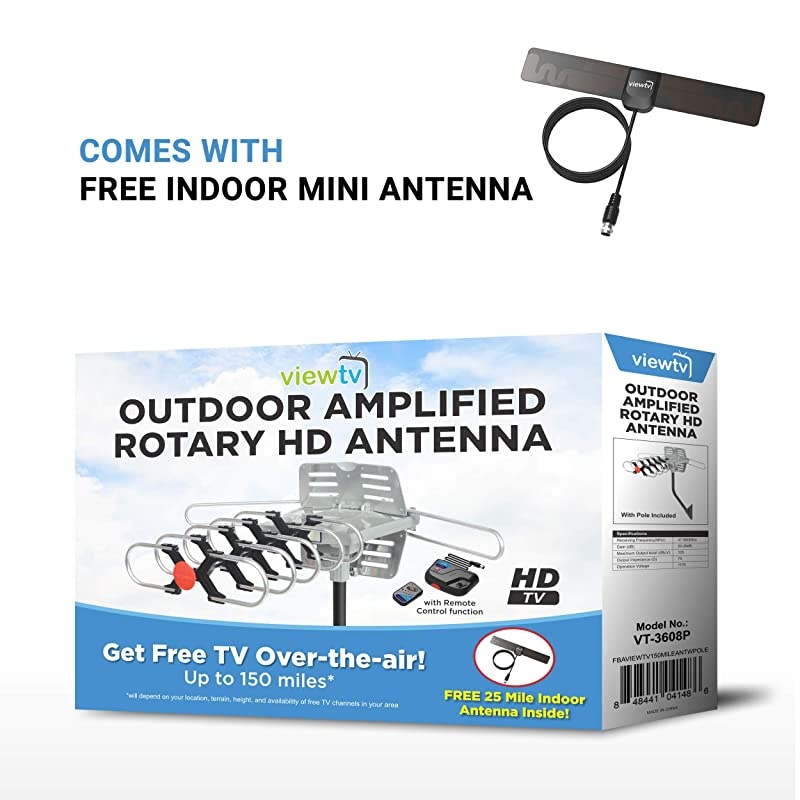 UPGRADED 2020 Version Outdoor Amplified Digital HDTV Antenna up to 150 Mile Range Motorized 360&deg; Rotation New Wireless Remote Control Free Mini Indoor Antenna