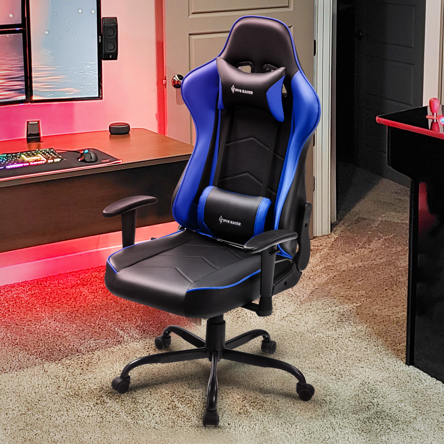 Gaming Chair, Racing Style Computer Desk Chair Padded Armrests Ergonomic Lumbar Support Adjustable Height