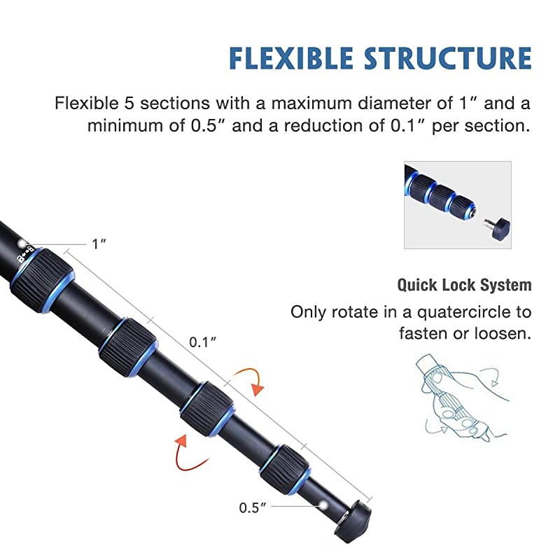 Monopod Tripod with Feet for Camera DSLR Camcorder DV Lightweight Portable Aluminum Alloy Unipod Alpenstock Tripod Base Included 5 Sections up to 65 inch