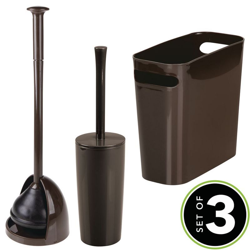mDesign 3 Piece Plastic Bathroom Plunger, Bowl Brush, Trash Can Set - Dark Brown