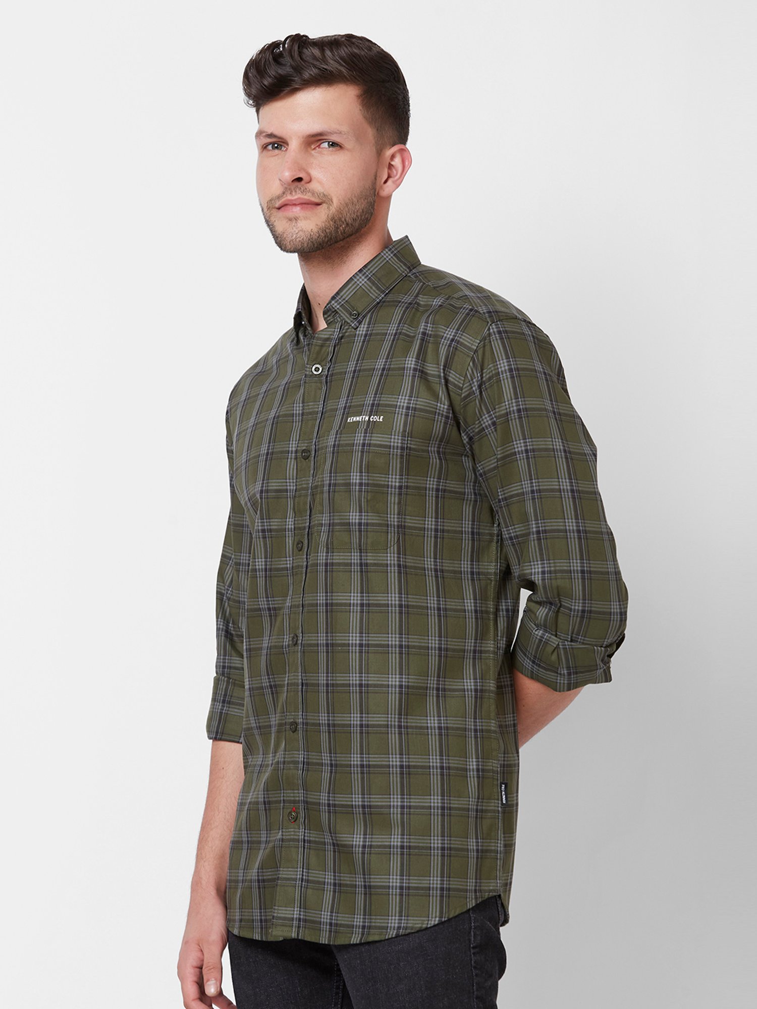 Kenneth Cole New York Dark Green Slim Fit Check Cotton Shirt