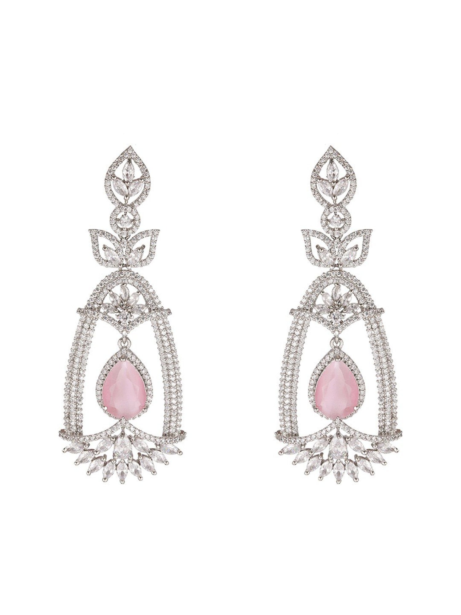 Priyaasi Pink Leaf American Diamond Silver-Plated Dangler Earrings