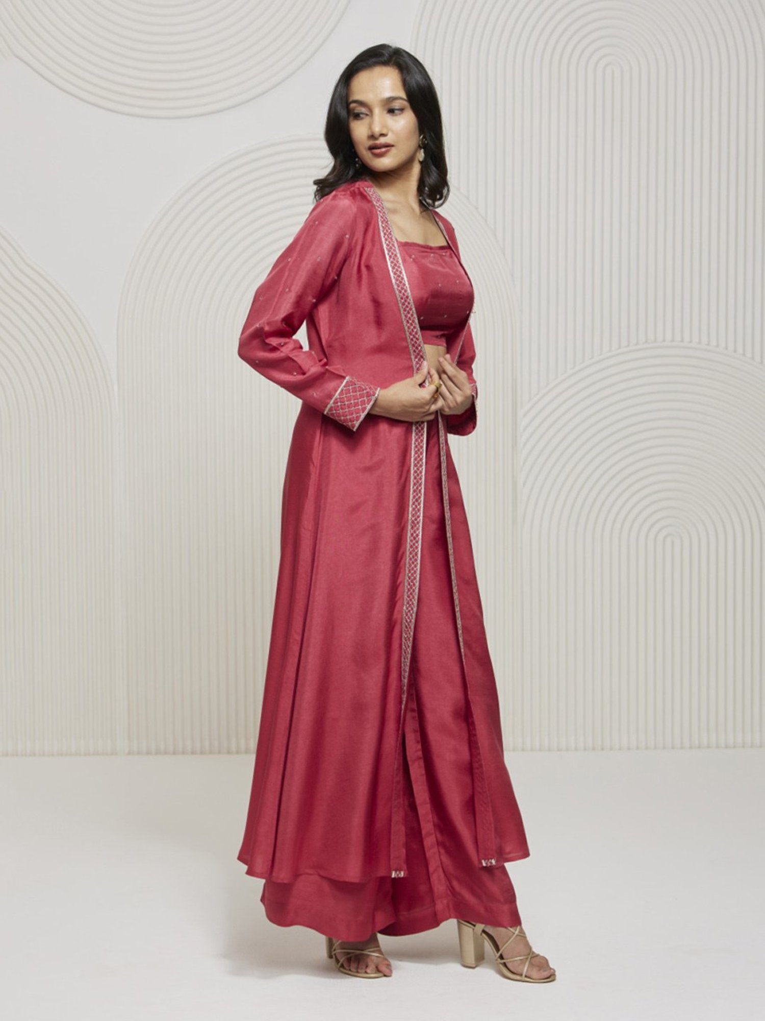Artagai Tea Berry Romancing Aari Crop Top and Wide Leg Trousers with Midi-Jacket
