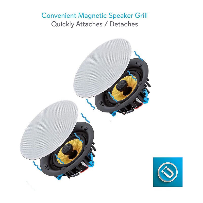 Pyle PDIC68FG 6.5 Inch 300 Watt In Ceiling Wall Hi Fi Speakers Full Range High Performance Speaker System Pair with Magnetic Grills, White