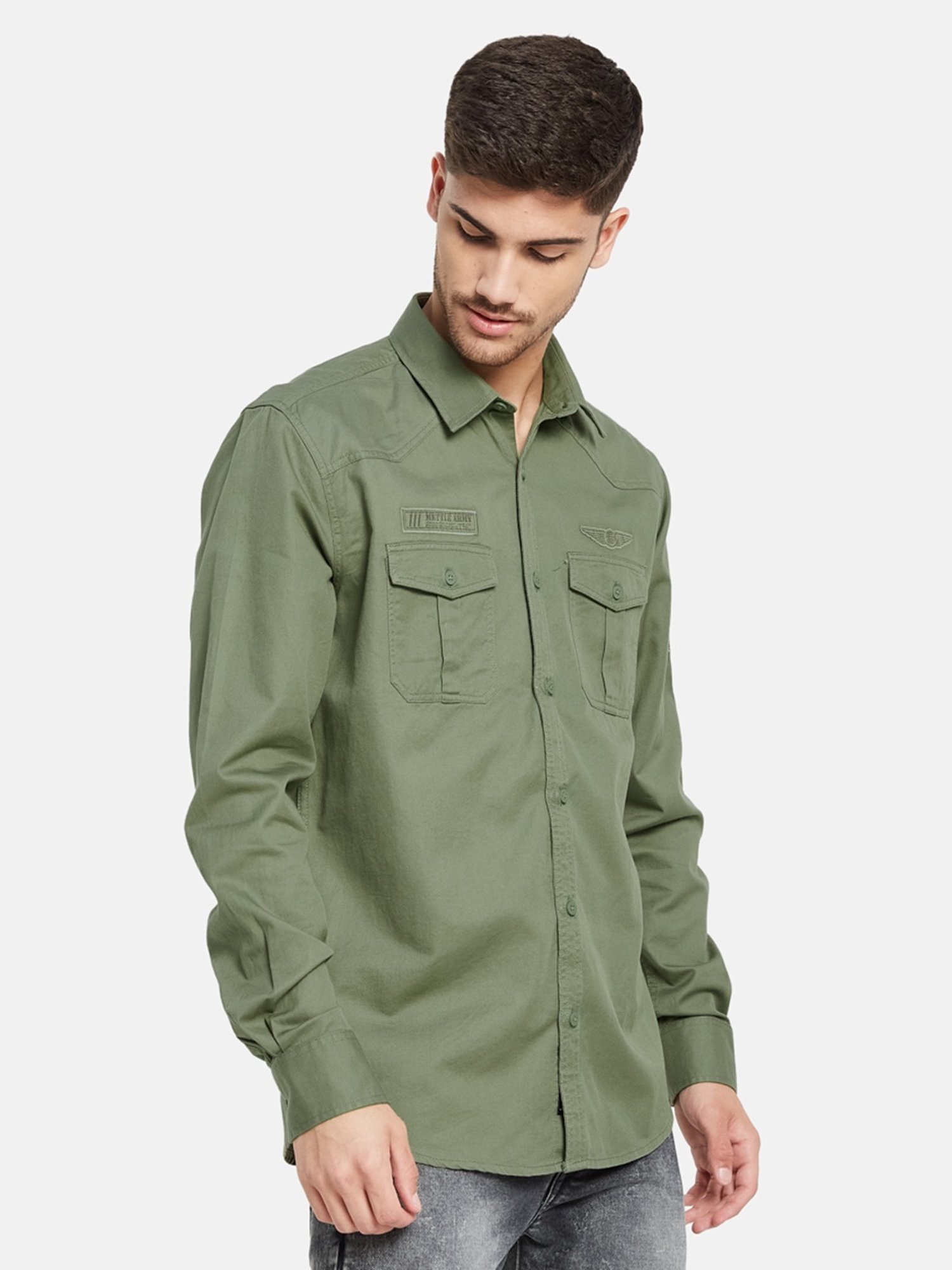 METTLE Olive Cotton Regular Fit Shirt
