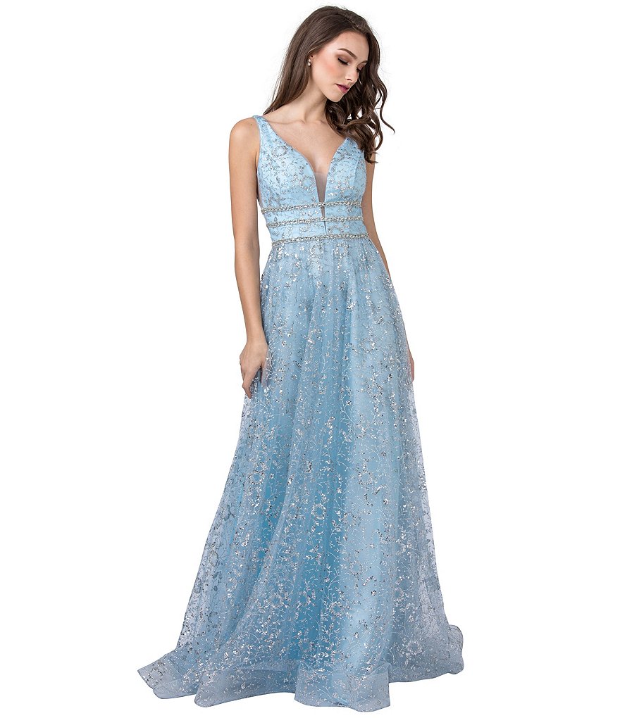 Coya Collection Sleeveless Plunging V-Neck Triple Beaded Waist Applique Gown