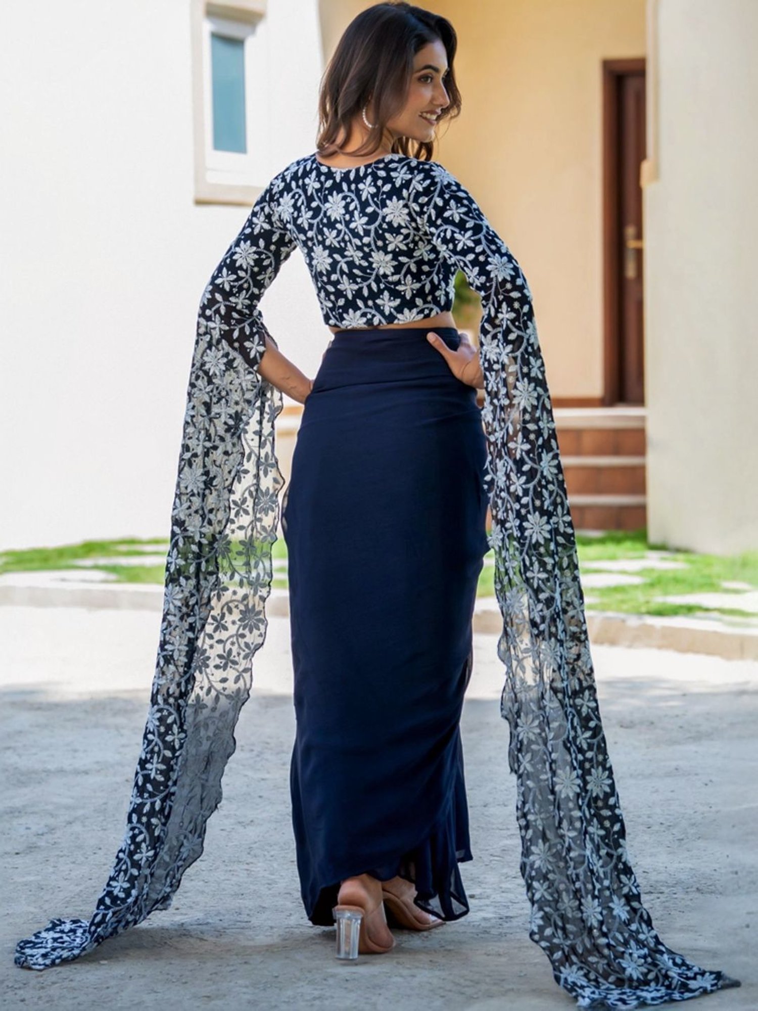 HOUSE OF JAMOTI Navy Embroidered Crop Top Skirt Set