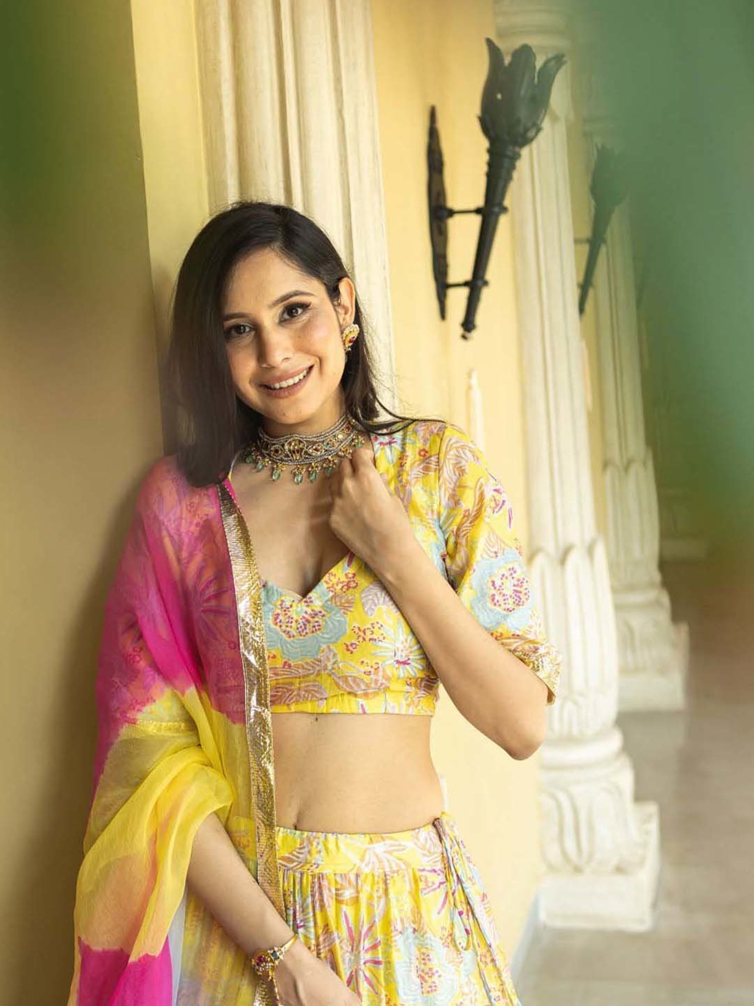 AACHHO Yellow Floral Print Lehenga Choli Set With Dupatta